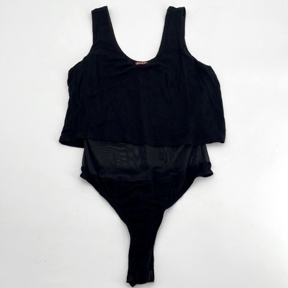 UEC Guess black tank bodysuit , ruffled top layer , sheer under layer XS